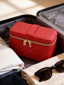 Yves Saint Laurent 紅色絎縫皮革化妝包 精緻皮革化妝包 內置大尺寸化妝鏡 金色拉鍊 雙層化妝收納包 便攜旅行洗漱包 - 紅色 - 查看 4