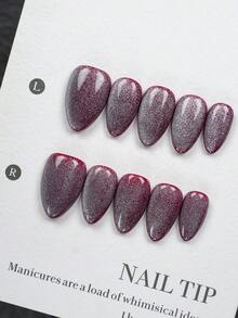 10 Pcs Handmade Press-On Nails Fake Nail Set Flattering Burgundy Silver Glitter Almond Press-On Nails Short Almond Glossy Glitter Top Choice For Unique Nails - Multicolor - View 2