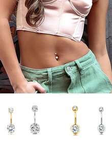1pc Rhinestone Circular Navel Piercing, With 2 Gems On Top And Bottom, Basic Women's Piercing Jewelry For Daily Wear And Special Occasions - Silver - View 1