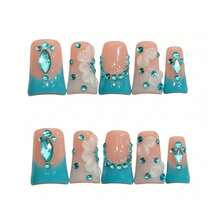 10 piezas de uñas postizas cortas con forma de pato, estilo francés azul lago con cristales, patrón floral elegante, ajuste cómodo - Azul menta - Ver 11
