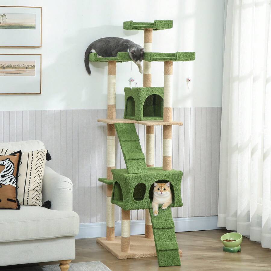 PawHut 68 Inches Cat Tree, Multi-Level Large Cat Tower Condo With Scratching Posts, Perches, Cat Houses, Dangling Toy, Green - 綠色 - 查看 1