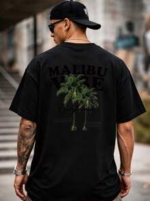 Malibu California Palm Tree Print Racing Retro Schwarzes Kurzarm-T-Shirt, Unisex Street Style, Größen S-XXL, Sommer Casual Outdoor Schule Familie Paar Tops Ideales Geschenk. - Schwarz - Übersicht 5