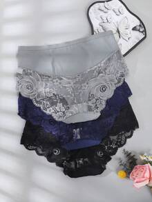 3pcs/Set Plus Size Women's Solid Color Lace Patchwork Comfortable Briefs - Multicolor - View 2