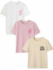 3pcs Women's New Casual Cute Pattern Loose Versatile Round Neck Short Sleeve T-Shirt, Fashionable Daily & Holiday Wear Summer - Multicolor - View 6