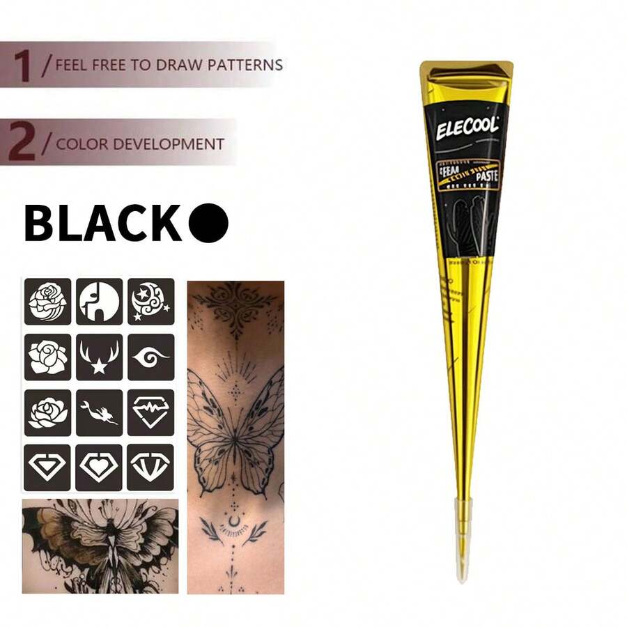 Henna Cone Tattoo Kit Available In Multiple Colors, 12 Random Reusable Stencils | Pre-Mixed Natural Mehndi Paste For Temporary Body Art | Waterproof, Smudge-Proof, Long-Lasting | DIY Kit Suitable For Beginners For Parties, Festivals, Halloween, And Weddings - 黑色 - 查看 1