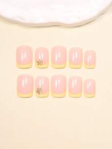 24pcs Short Square False Nails Set, Minimalist Fashionable Metallic Starfish Pattern Yellow French Manicure, Elegant Daily Cream Yellow Striped Starry Pattern, Full Cover Fake Nails Set, Comes With 1 Adhesive Sticker And 1 Mini File, Random Delivery - Yellow - View 2