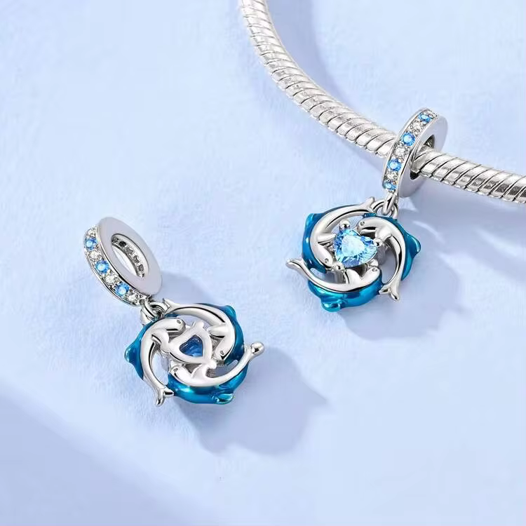 1 mặt dây chuyền hình cá heo và trái tim đính đá Zirconia màu xanh dương, mạ bạc, dễ thương, thích hợp để tự làm dây chuyền kiểu mắt xích, quà tặng chủ đề biển mùa hè dành cho phụ nữ. - Bạc - Xem 2