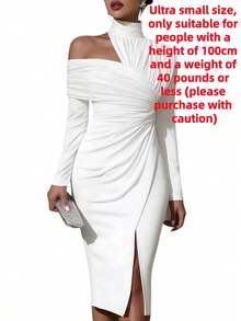 Women's French Summer Fashion Solid Color Elegant Asymmetric Design Olive Green Hanging Neck Off Shoulder Folded Long Sleeve Split Wrap Hip Dress - 白色 - 查看 13