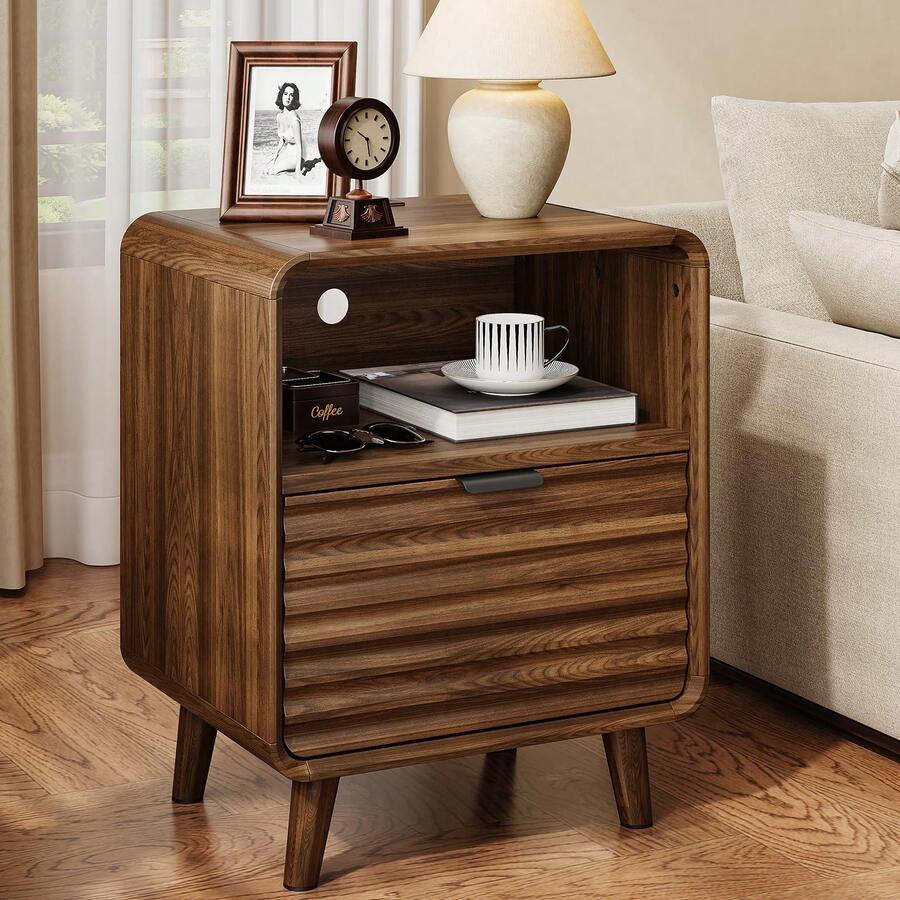 ONBRILL Brown Fluted End Table With Charging Station, Mid Century Curved Bedside Table With Drawer & Open Cubby Storage, Modern Nightstand For Living Room, Bedroom, Entryway, (1-Pack) - View 1