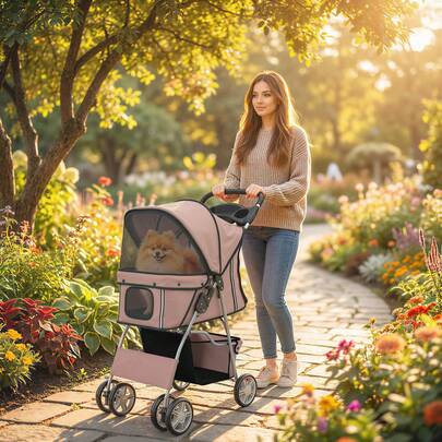 PawHut Pet Stroller For Dogs & Cats, Foldable Pet Travel Carrier With 4 Wheels, Reflective Strips, Brake, Dog Stroller With Removable Washable Pad And Storage Basket, Coffee