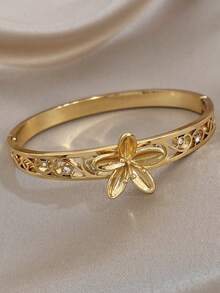 1pc Vintage Flower Link Bangle Bracelet For Women Hollow Stainless Steel Golden Bangle Bracelet For Daily Party Mother Day Valentine Wedding Music Festival Christmas Jewelry Gifts - Multicolor - View 4