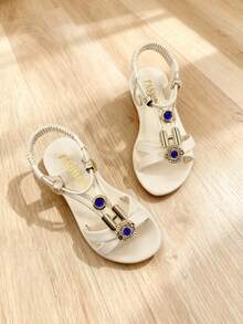 Giày sandal kiểu La Mã cho bé gái, giày công chúa đính đá màu xanh dương cho trẻ em, giày đi biển đế mềm chống trơn trượt cho mùa hè. - Màu be - Xem 1