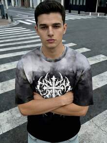 Áo thun nam màu xám nhuộm loang với họa tiết cánh và chữ thập, phong cách đường phố Gothic. - màu đen - Xem 4