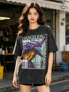 Washed T-Shirt Unisex | Retro Mecha Graphic | Anime Print Short Sleeve - Đen 02 - Xem 3