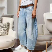 Women's Jeans Section: Women's Horseshoe-Shaped Barrel Jeans, Mid-Waist Wide-Leg Jeans, Loose Fit, Slim Tapered Leg Casual Jeans. - Light Blue - 查看 3