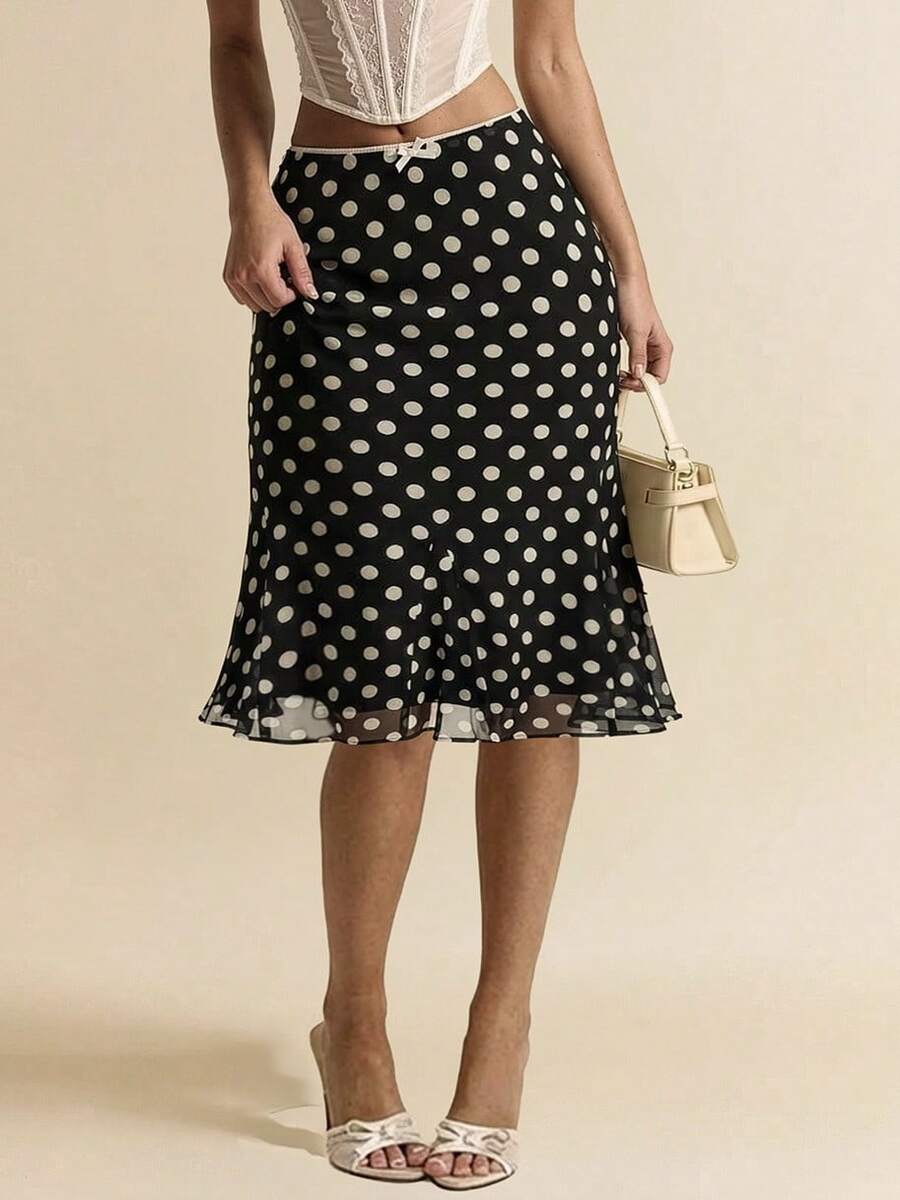 VINOVA 女士波点网纱 A 字中长裙,优雅复古时尚套装。适合生日、婚礼宾客、海滩度假、约会等各种场合。 - 黑色 - 查看 1