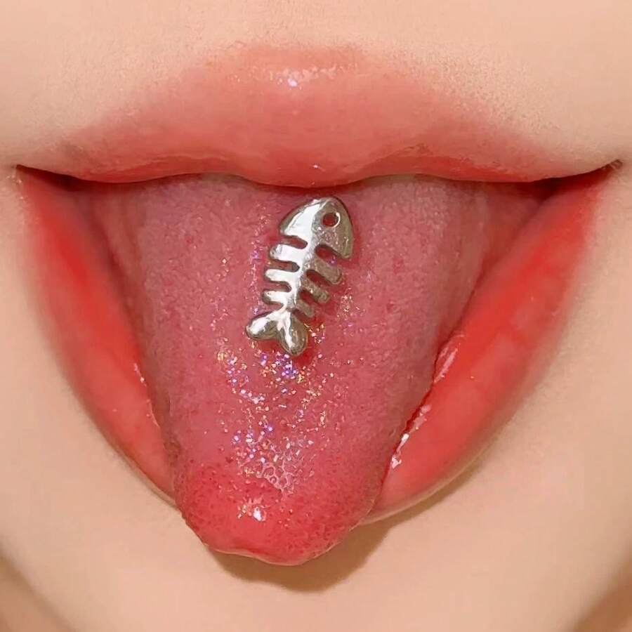 Khuyên lưỡi hình xương cá bằng thép không gỉ, ren ngoài, kiểu dáng punk độc đáo của châu Âu và Mỹ. - Khuyên lưỡi hình xương cá nhỏ - Xem 1