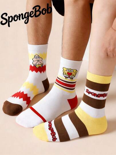 SpongeBob SquarePants 方裤3双装柔软透气中筒袜，黄粉可爱卡通圆领设计，加固趾跟，适合女性四季穿着，适合各种比赛、学校和户外活动，夏季冬季皆宜。帕特里克，创意礼物。