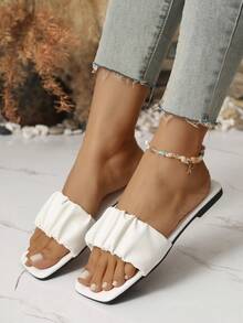 Women's Square Toe Flat Sandals, Open Toe Versatile Slides, Pleated Comfortable Casual Slippers, Versatile Fashionable Elegant Colors - White - View 6