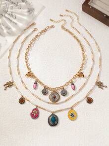 1 Set de Collar Retro Floral Multicapa de Moda en Colores Dopamina - Multicolor - Ver 2