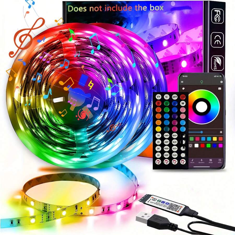 1件 1M-20M LED燈條，USB供電，RGB變色，44鍵控制器，適用於電視背光、書桌、臥室、派對與節日裝飾，家居裝飾，派對燈光，鮮豔燈光顯示