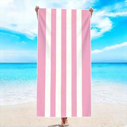 1条粉白条纹沙滩巾，最佳沙滩巾，超强吸水轻便，不沾沙速干，柔软超细纤维材质，适用于沙滩、泳池、健身房、浴室、露营和旅行。