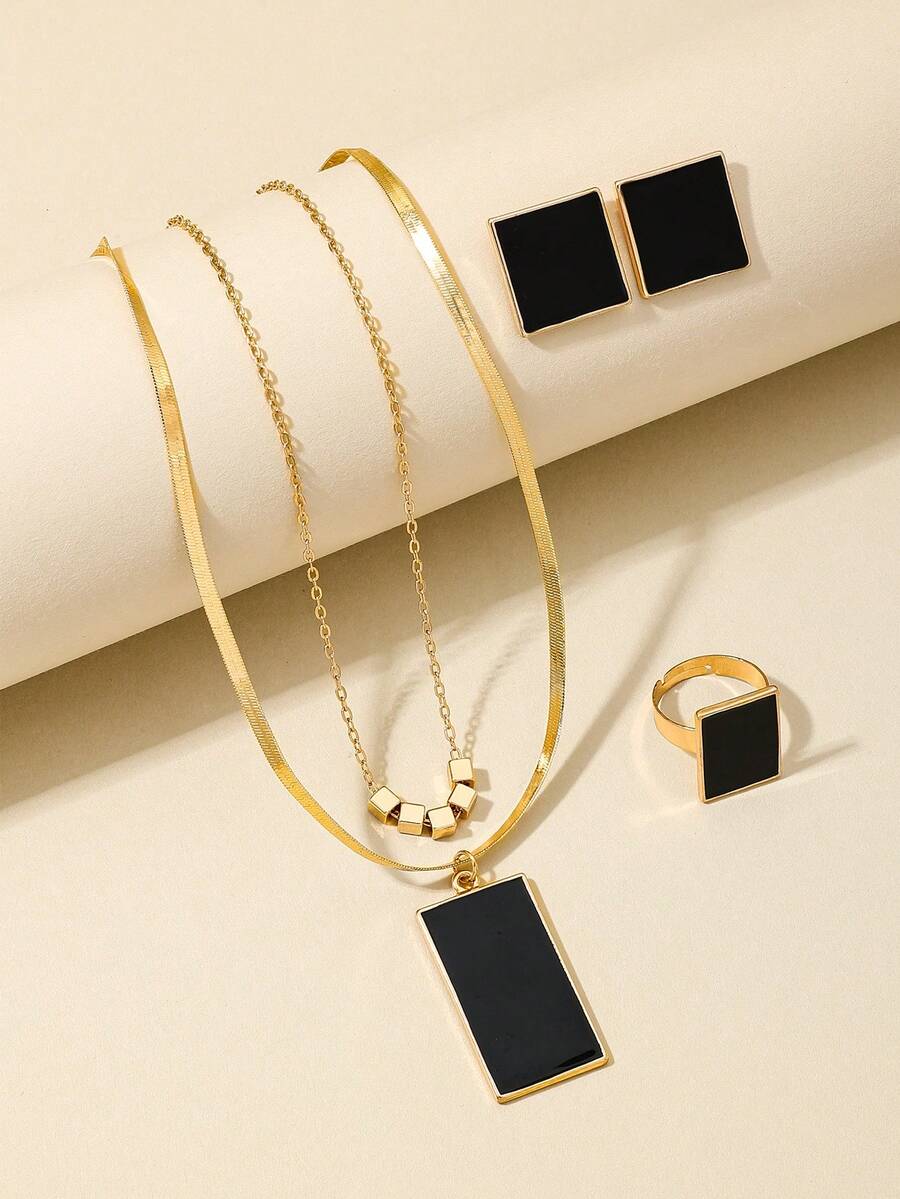 5pcs/Set Fashionable European And American Party Style Metal Geometric Black Square Stackable Earrings, Necklace, Ring Jewelry Set - Black - View 1