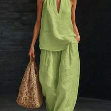 Boho  Two Piece Set - Perfect For Beach, Vacation & Brunch! Halter Neck Sleeveless Top Wide Leg Pants Set # TwoPieceSet # LinenSet # WideLegPants # HalterNeck # SummerOutfit # BohoFashion # CasualWear # Outfit Of The Day # WomensFashion - 黃綠色 - 查看 13