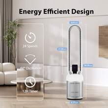 ADVWIN Bladeless Fan, 38" Air Circulator Cooling Fan With Remote And Touch Control, LED Display, 24 Speeds, 12H Timer, 60° Oscillating, Portable Low Noise Standing For Bedroom Home Office - US A Type Plug(110-127V) - View 6