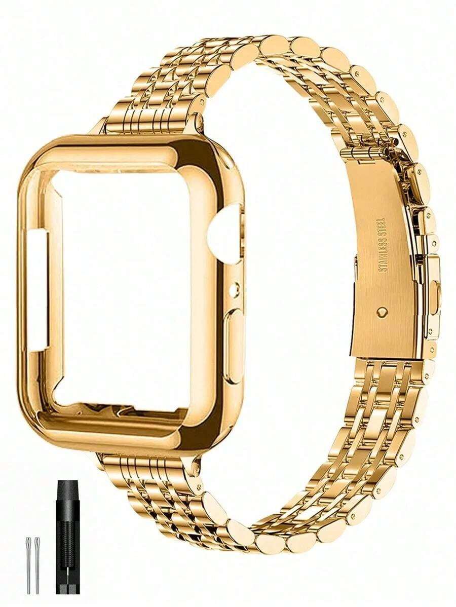 Stainless Steel Watch Band Compatible With 41mm 40mm 38mm 45mm 44mm 42mm, Fits Series 10/9/8/7/6/5/4/3/2/1/SE/SE2, Slim Luxury Band + Screen Protector UNBJ - Gold - View 1