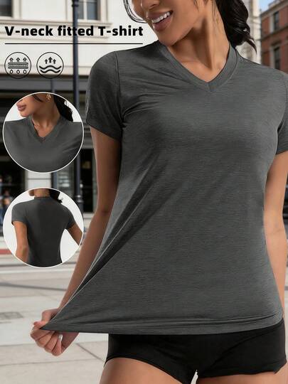 女士V领弹力运动T恤，修身透气休闲健身短袖上衣