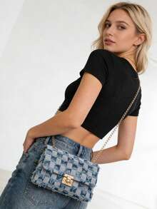 Women's Diamond Quilted Jean Flap Crossbody Bag,Jean Plaid Print Patchwork Strap Fashion Versatile Shoulder Bag,Solid Color Diamond-Shape Small Fragrant Wind Hair Edge Metal Closing Design Shoulder Square Bag, Classic Check Pattern Shoulder Purse,Women's Bags New Style, Crossbody Bag,Suitable For Office, University, Work, Business, Commuting, Outdoor Activities, Travel And Outings[US Local Warehouse]The Best Gift Choice, Birthday Gift - 藍色 - 查看 8