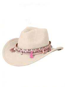 1pc Women's Western Cowboy Hat, Solid Color Felt Hat, Suitable For Holidays, Parties, Outings And Other Occasions - MZ1427+ML103 Upgraded Version - View 2