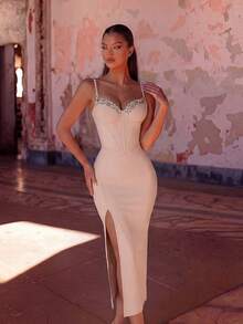 ADYCE Women's Handmade Crystal Embellished Spaghetti Strap High Waist Open Back Slit Strapless Dress, Party/Wedding Guest Dress, Buttercream Spring - Apricot - View 1