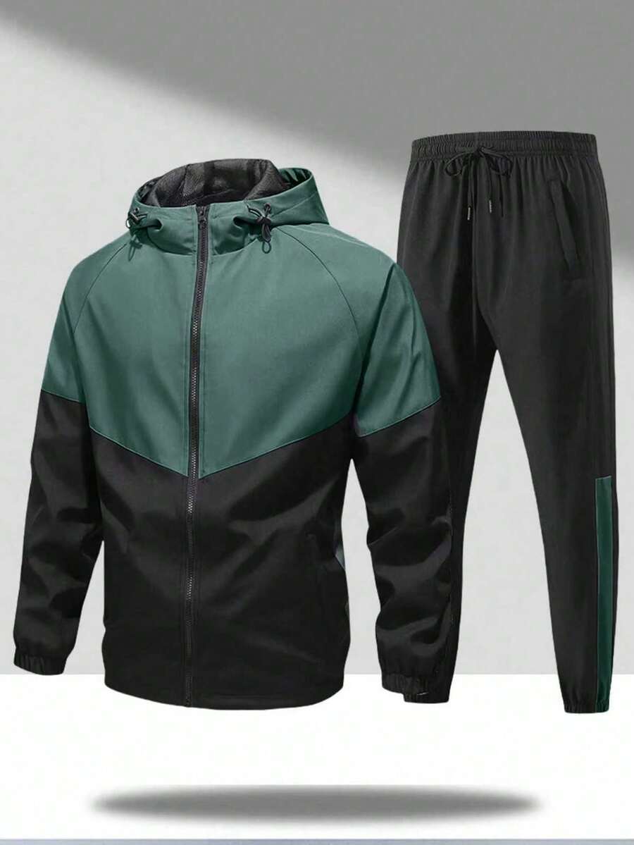 1 Set Men's Windproof Breathable Sports Suit, Jogging Color-Blocking Jacket & Pants Spring - Dark Green - View 1
