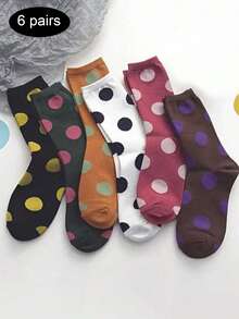 6双装女士新款可爱波点袜，舒适柔软卡通百搭休闲袜，学生街头风中筒袜 - 彩色 - 查看 5
