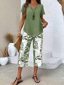 Women's Casual Two Piece Outfits Spring Summer, Light Blue Short Sleeve Round Neck Top & Blue White Leaf Print Calf Length Wide Leg Pants, Loose Comfortable Matching Sets For Daily Casual, Vacation, Lounge & Commute - 綠色 - 查看 6