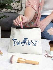 Bolsa de maquillaje personalizada con diseño de la - Personalizada con el nombre "Last Toast Of The Coast", bolsa de cosméticos reutilizable con diseño que presenta gafas y conchas marinas, hecha de un estilo pintado a mano ligero, organizador de cosméticos y artículos de tocador ligero - Multicolor - Ver 7