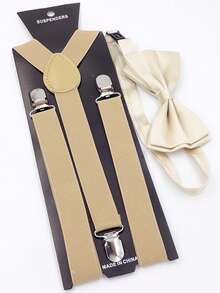 2pcs Men's Fashion Versatile Adjustable Solid Polyester Suspenders & Stylish Polyester Bow Tie Set Suitable For Weddings, Ceremonies, And Daily Use - Khaki - View 3
