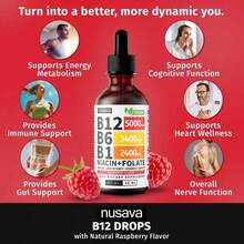 Vitamin B12 And B6 Liquid Drops, B12 Sublingual Vitamin B Complex - B 12 Vitamin 5000mcg - B12 Methylcobalamin For Energy, Brain, And Heart Support With 27,200 Mcg, Raspberry, 80 Servings - 2瓶 - 查看 2
