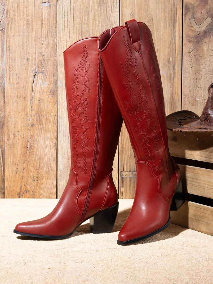 Knee High Boots Women, Pull On Zipper Chunky Heel Pointed Toe Embroidered Western Cowgirl Cowboy Boots Christmas Fall - Đỏ - Xem 1