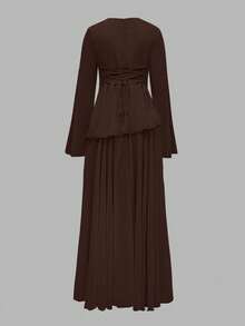 Women's Elegant Flounced Splice Cinched Waist Flare Sleeve Dress, Spring/Summer - 咖啡 - 查看 8