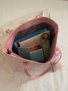 Fashionable Solid Color Tote Bag - Pink - View 4