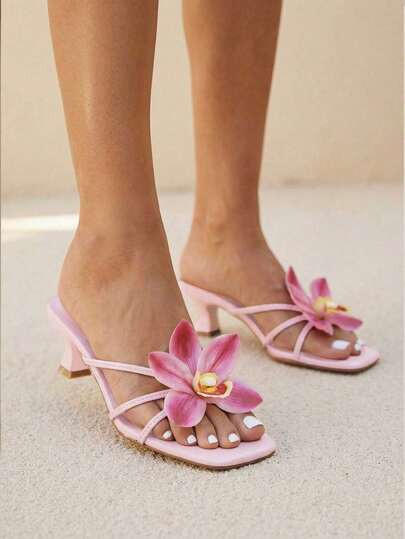 planare Women's Minimalist Summer Striped Slip-On Kitten Heel Sandals, Pink. Featuring 3D Floral Design, Suitable For Daily, Vacation, Beach, And Dating Outfits