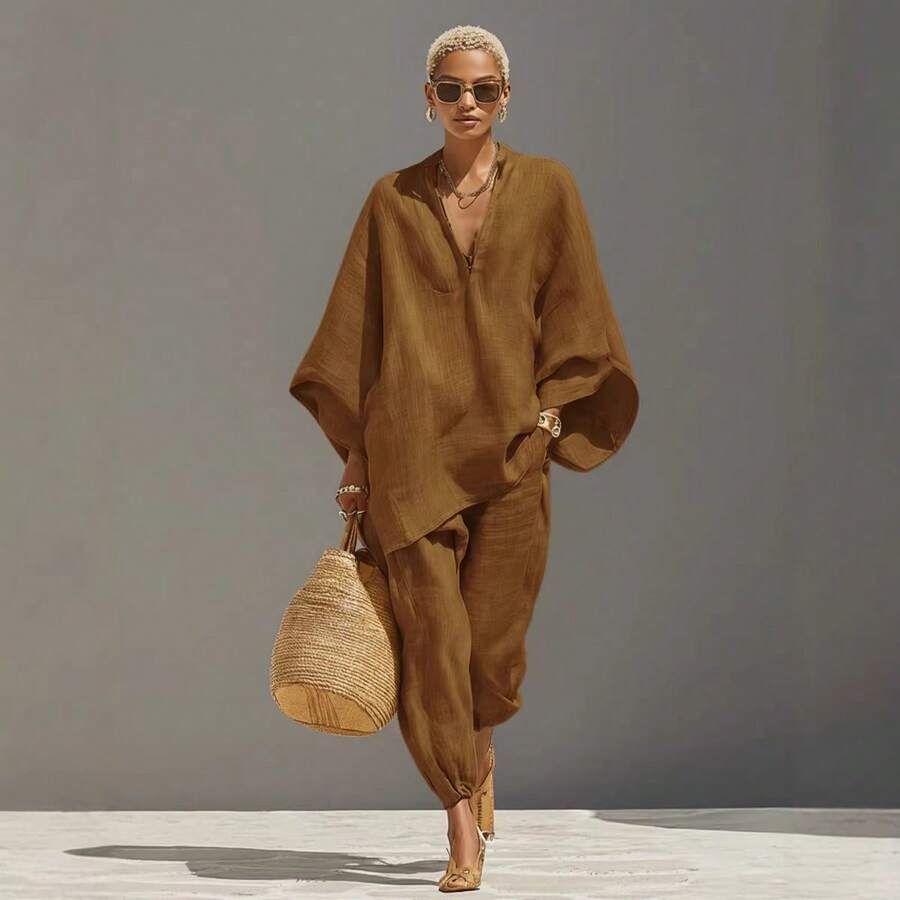 2026 Spring/Summer Fashion Women's Casual Style Bat Sleeve V-Neck Loose-Fit Outfit - 淺棕色 - 查看 1