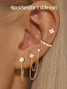4件套豪华24K镀金立方氧化锆耳环套装，女士锆石花朵耳钉套装，链条吊坠耳环叠戴 - 4pcs/set - 查看 3