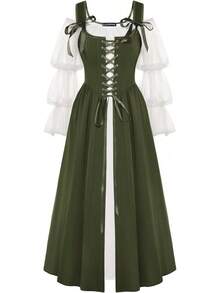 Women's Renaissance Costume Medieval Lace Up Corset Dress Puff Sleeve Peasant Dress - Purple - View 7