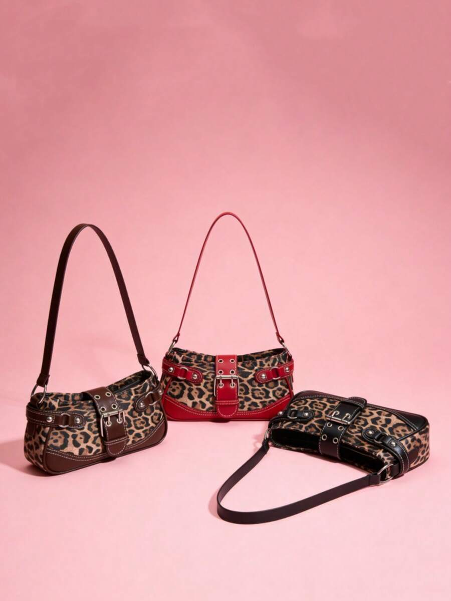 1 Stück Nieten Leopard Patchwork Damen Schultertasche, Punk Stil Nieten Damen Casual Tasche, elegante Leoparden Muster Damen Tragetasche, praktische gesteppte Damen Baguette Tasche, modische Tasche mit Fächern zum Verstauen von Geldbörse, Kosmetik, Handy, Münzbeutel, Kopfhörern, geeignet für Mädchen Partys, Fotografie, tägliche Fahrten, Reisen, auch ein tolles Geschenk zu Eid Al-Adha, Muttertag, für Freundin und Mama