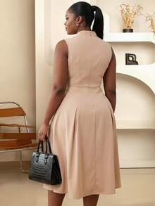 Women's Beige Fitted High Neck Sleeveless Midi Dress, Side Button Design - Elegant & Fashionable, Suitable For Office, Business, Party, Formal Events - Apricot - View 2
