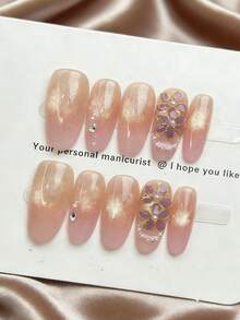 10pcs Handmade Wearable Nails, Spring Gentle French Nude Pink Cat Eye Fake Nails, Handmade 3D Floral Pearl Manicure, Medium-Long Flattering Removable Press-On Nail Stickers - Multicolor - View 9